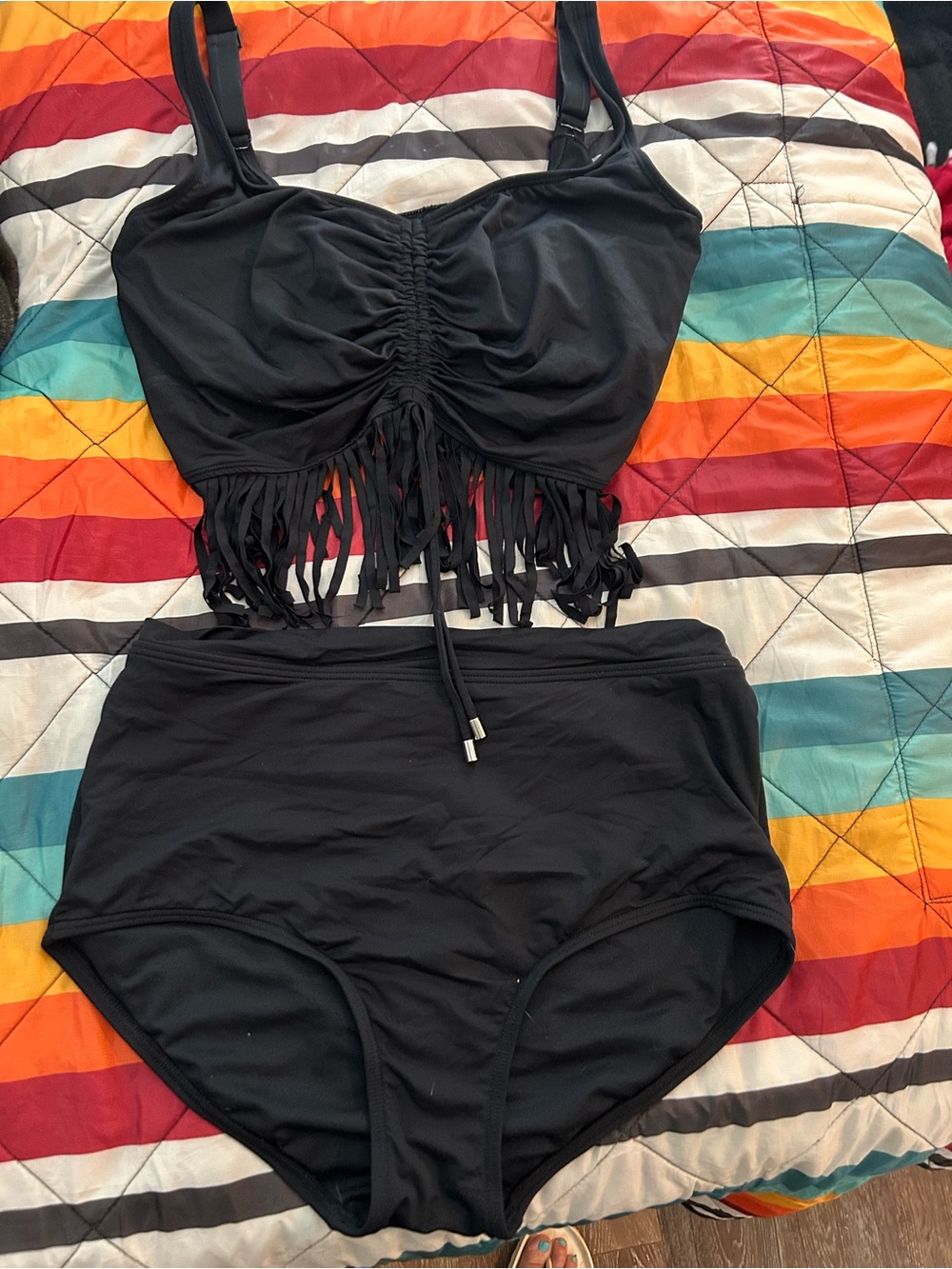 Women's Black Fringe High-Waist Bikini Set